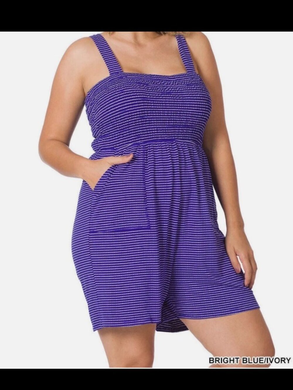 Zenana Plus Smocked Top 1X White Striped Romper Shorts with Raw Hem & Pockets